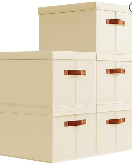 Storage Bins with Lids - Large Fabric Closet Bins with Lid, 5 Pack Clothes Organizers and Storage, Collapsible Stackable Cube Basket for Home, Office, Dorm, Beige