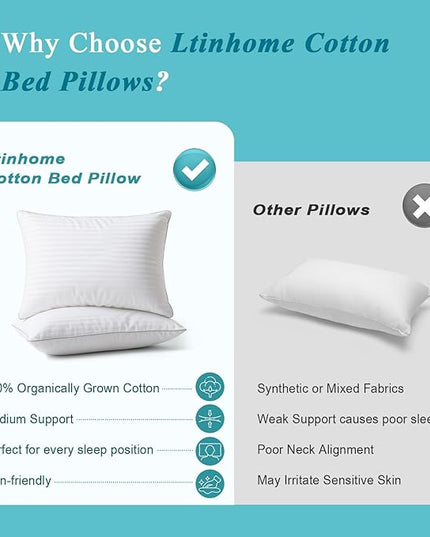 Bed Pillows Queen Size Set of 2-100% Cotton Cover, Down Alternative Gel Polyfill Filled, Flat Soft Medium Adjustable Hotel-Style Pillow Inserts, 20x30 Inch