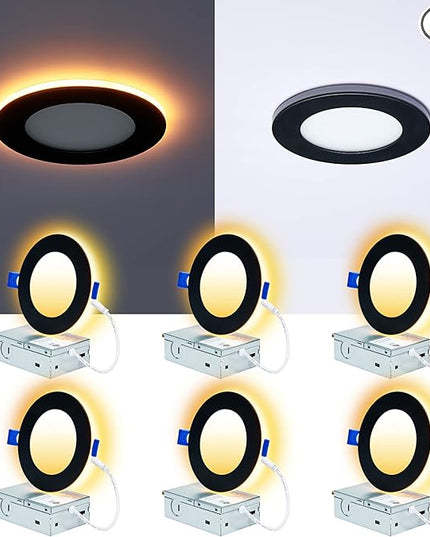 CycevSun 6 Pack Black Recessed Lights 4 Inch with Night Light, Canless Ultra Thin Wafer Downlight Pot Outdoor Exterior Soffit Lighting, Dimmable & 5 Color Selectable, 9W, ETL & Energy Star
