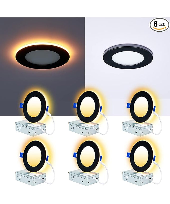 CycevSun 6 Pack Black Recessed Lights 4 Inch with Night Light, Canless Ultra Thin Wafer Downlight Pot Outdoor Exterior Soffit Lighting, Dimmable & 5 Color Selectable, 9W, ETL & Energy Star