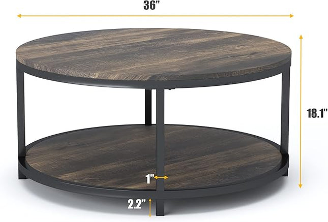 NSdirect 36 inches Round Coffee Table, Rustic Wooden Surface Top & Sturdy Metal Legs Industrial Sofa Table for Living Room Modern Design Home Furniture with Storage Open Shelf(Rustic Brown)