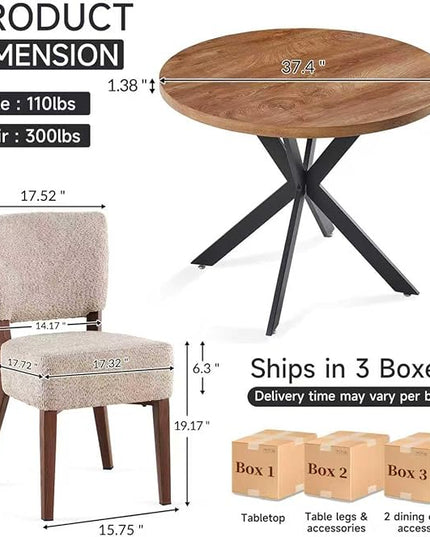Small 37" Round Dining Table Set for 2, Mid Century Modern Circle Coffee Set, 2 Upholstered Stackable Dining Room Chairs for Apartment, Space Saving, Wood Grain&Light Brown