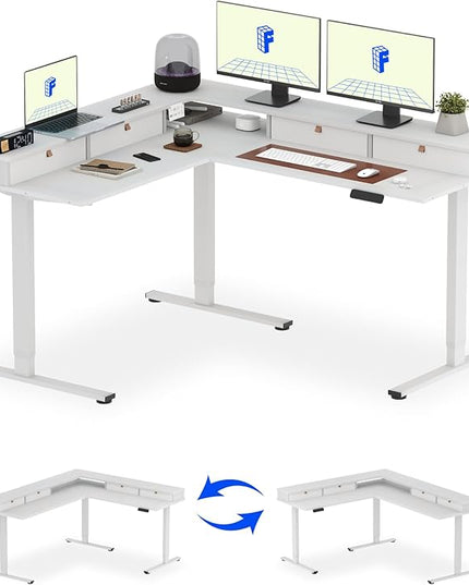 FLEXISPOT 63" L Shaped Standing Desk with Shelf Electric Corner Table, Drawers, Adjustable Computer Workstation for Home, Office,63x55in, White Top + White Frame