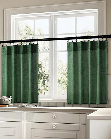 MIULEE Emerald Green Kitchen Curtains 24 Inch Length 2 Panels, Soft Thick Linen Textured Semi Sheer Light Filtering Short Cafe Tier Curtains for Small Half Window Back Tab Rod Pocket Christmas Decor
