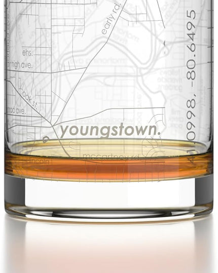 Well Told Engraved Youngstown Ohio Map Rocks Glass, Old Fashioned Glassware (11 oz, Clear) Etched Bourbon Tumbler, Gifts For Whiskey Lovers
