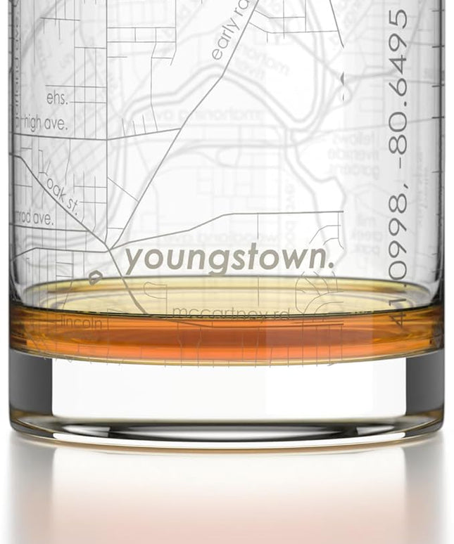Well Told Engraved Youngstown Ohio Map Rocks Glass, Old Fashioned Glassware (11 oz, Clear) Etched Bourbon Tumbler, Gifts For Whiskey Lovers