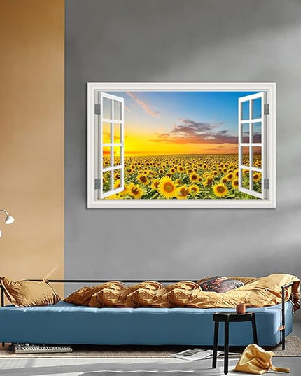 Sunflower Wall Art Decor for Living Room Window Style Sunset Canvas Picture for Bedroom Realism Yellow Flowers Filed Artwork for Bathroom Nature Landscape Prints Paintings for Kitchen Home Office
