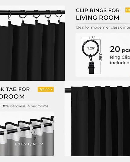 INOVADAY 100% Blackout Curtains for Bedroom, Black Out Curtains 72 Inch Long, Clip Rings Linen Blackout Drapes, Thermal Insulated Room Darkening for Living Room, 2 Panels - Black,W50xL72