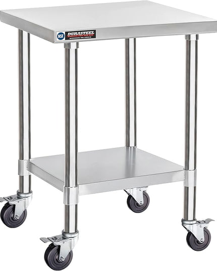 DuraSteel 24x24 NSF Stainless Steel Cart Work Table - Heavy Duty Rolling Food Prep Table - Metal Utility Cart on Wheels Caster, Grill Stand Microwave Outdoor Kitchen Tables Countertop Island Large Top