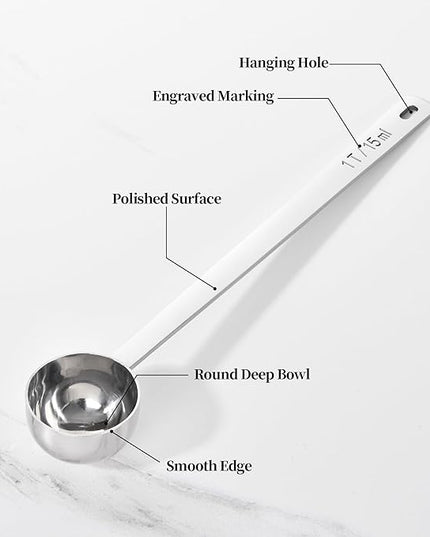 Long Handle Coffee Scoop: 8.3 Inch 18/8 Stainless Steel 1 Tablespoon Metal Measuring Spoon Tbsp Scoop for Coffee Beans, Grounds Coffee, Coffee Powder, Tea, Tall Jars (1Tbsp/15ml)