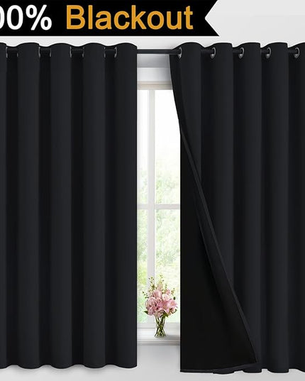 Yakamok 100% Blackout Curtains for Bedroom, 2 Thick Layers Thermal Insulated Grommet Total Blackout Drapes with Black Liner for Living Room (62Wx63L,Black, 2 Panels)