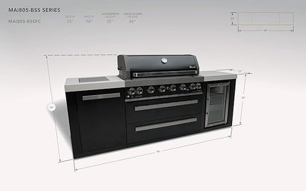 Mont Alpi MAi805-BSSFC 44-inch 6 Burner Black Stainless Steel Modular Outdoor Kitchen Island BBQ Grill with Fridge Cabinet + Side Burner + Granite Countertops + Rotisserie Chopping Board & Grill Cover
