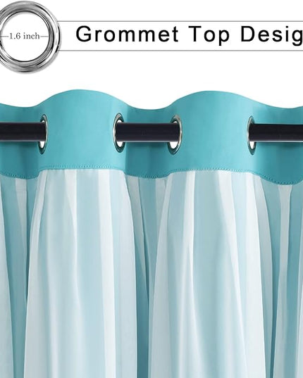 Hiasan Blackout Curtains with Sheer Overlay, Thermal Insulated Sun Blocking Grommet Window Curtains for Bedroom, Living Room, Kids' Room, 2 Drape Panels with Tiebacks, Turquoise, 52W X 96L