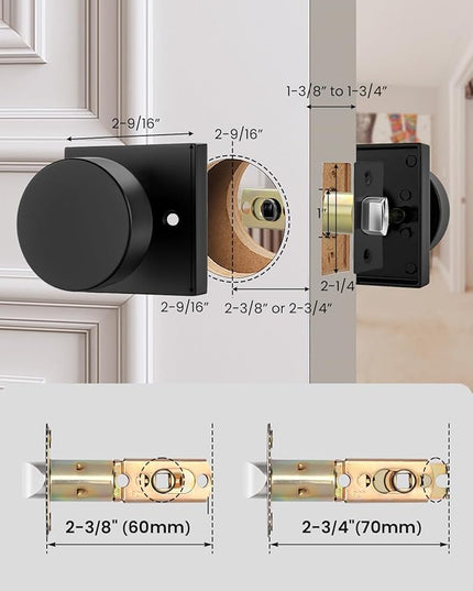 Black Door Knobs Interior, Heavy Duty Passage Door Knob, Square Closet Door Knob for Hall, Zinc Alloy Matte Black DoorKnob (1 Pack)