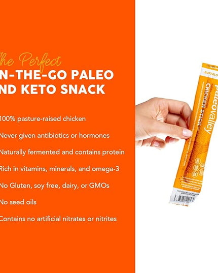 Paleovalley Pasture-Raised Chicken Sticks – 10 Pack – 7g Protein per Stick – Keto-Friendly, Paleo, Gluten-Free, Nitrate-Free – On-the-Go Snack (10 Pack, Buffalo)