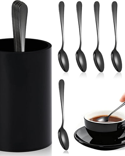 6 PCS Black Coffee Spoons with Holder Small Espresso Coffee Spoons 4.92 Inch Coffee Mixing Spoon Black Dessert Spoon Stainless Steel Tea Spoon Set of 6 for Tea Party Bar
