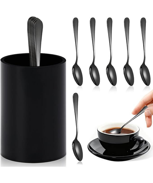6 PCS Black Coffee Spoons with Holder Small Espresso Coffee Spoons 4.92 Inch Coffee Mixing Spoon Black Dessert Spoon Stainless Steel Tea Spoon Set of 6 for Tea Party Bar