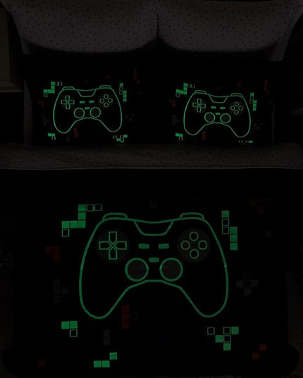 Full Size Comforter Set for Boys-7 Pieces Gamer Glow in The Dark Full Bedding Sets for Kids, Ultra Soft Bed in A Bag with Sheets