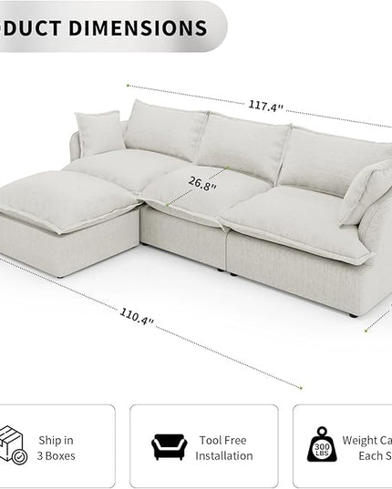 Cloud Sectional Couch with L Shape Chaise,Convertible Modular Couches,Down Fill Sectional Sofa with Detachable Cushion Covers,4 Seater Corner Sofas for Living Room,Grey