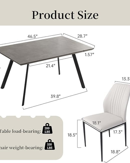 ZckyCine Modern 5-Piece Kitchen Table Set Rectangular Wood Dining Table with 4 Upholstered Leather Chairs (46.5" Table + 4 White Chairs)