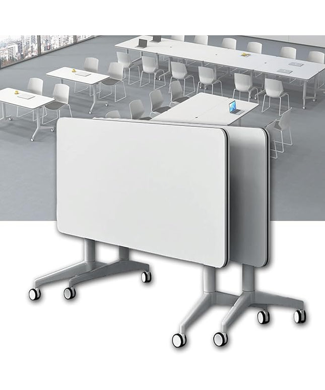Conference Table, Folding Conference Room Tables on Wheels, Modern Meeting Seminar Table Computer Desk, Boardroom Desk for Office Meeting Conference Room,White,2 Pack 55.1inch