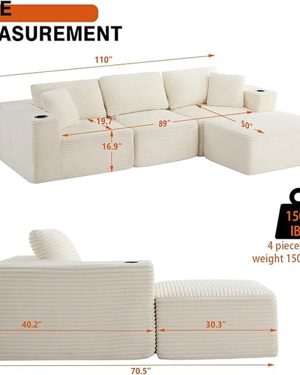 110" Boneless Couch in A Box, Corduroy Cloud Couch Sectional Couches for Living Room, Convertible L Shaped Modular Sectional Sofa Set with Deep Seat, No Assembly Required(3 Seat+ 1 Ottoman,Beige)