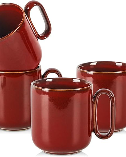 vicrays Ceramic Coffee Mug Set - 18 Ounce Large Stoneware Mug for Men Women - Unique Glazed Porcelain Mugs with Handle for Coffee Latte Tea Milk Cocoa - Set of 4 (Cherry Red)