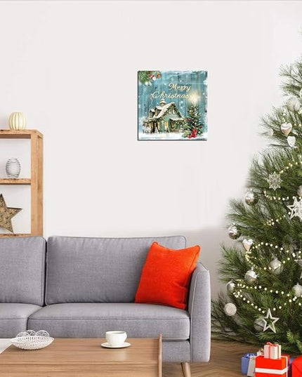 Christmas Tree Wall Art Decor Romantic Winter Snow Home Canvas Prints Poster Xmas Tree Painting Merry Christmas Sign for Home Garden Living Room Bedroom Bathroom Holiday Decoration Gifts 12x12inch