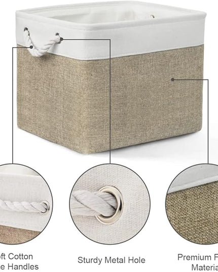 TheWarmHome Organization and Storage Basket for Gifts Empty - 16x12x12 inch Cube Storage bin 3 Pack Fabric Storage Cubes, Collapsible Baskets for Organizer Closet Cloth Gift Toy (White & Khaki)