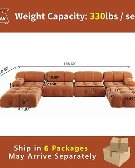 JACH U-Shaped Modular Sectional Couch, 138"" Minimalist Velvet Sofas, Convertible Couches, Mid-Century Modern Sectional Sofa with Chaise Ottomans for Living Room Apartment (Orange), 105OR-U-U