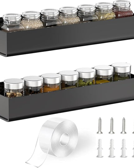 PMMASTO Adhesive Acrylic Spice Rack Organizer for Wall with Nano Double Sided Tape, Spice Shelf Organization for Kitchen Cabinet Door/Pantry Door, Wall Mount Seasoning Rack (Black-2 Pack)