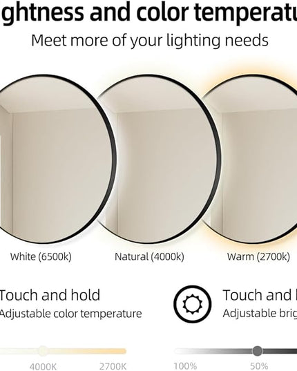 36" Black Framed Round LED Backlit Mirror for Bathroom, Smart Circle Mirror with 3 Colors, Dimmable Lighted Mirror with Anti-Fog, IP65 Waterproof, CRI 93+, UL-Listed
