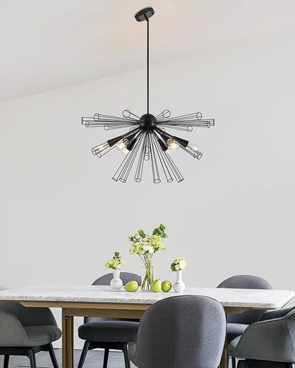 Modern 6-Light Sputnik Black Chandelier, 32.3" Starburst Light Fixture, Modern Chandelier Light Fixtures for Dining Room, Living Room, Kitchen, Foyer, Height Adjustable