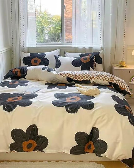 CLOTHKNOW Black Sunflower Queen Comforter Set Floral Bedding Comforter Sets Brown Plaid Comforter Soft Botanical Queen Comforter