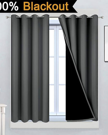 Yakamok Dark Gray 100% Blackout Curtains, Energy Saving Thermal Insulated 2 Thick Layers Total Blackout Drapes with Black Liner for Bedroom (52Wx45L,Dark Grey, 2 Panels)