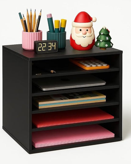 EMERIT 4-Tier Adjustable Paper Organizer, Large Capacity Book Shelf for Textbooks/Magazines/Office Files, Wooden Dividers, 7 lbs per Shelf, Black