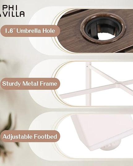 PHI VILLA Outdoor Bar Table, High Patio Table with Umbrella Hole, White Legs, Metal Frame, Sturdy & Durable for Outdoor & Indoor