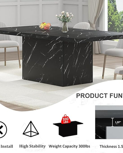HSH 71” Black Dining Table for 6-8, Rectangle Modern Faux Marble Dinner Table, Large Dining Room Table for Kitchen Living Room, Industrial Wood Kitchen Table only with Sturdy Base, Black, 71 Inch