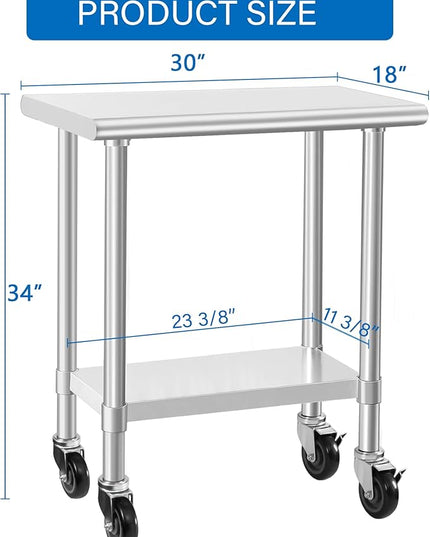 HARDURA Stainless Steel Commercial Table Prep & Work Table with Casters Heavy Duty Metal Table with Wheels NSF 430 18×30 Inches
