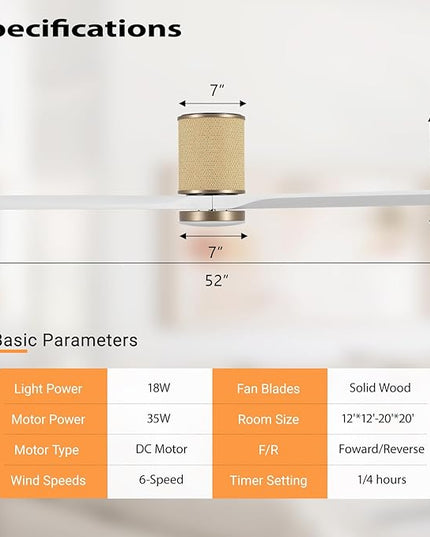 52" Ceiling Fan with Light - Low Profile Flush Mount Ceiling Fan, 6-Speed Remote Control, Solid Wood, Quiet Reversible DC Motor, Boho Style, for Bedroom, Living Room, Porch White/Gold