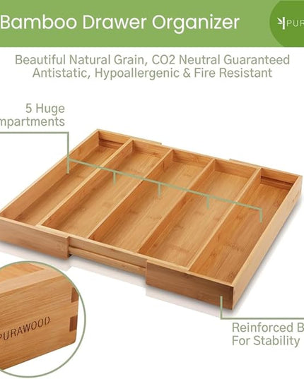 Purawood Kitchen Drawer Organizer, 2 Pack - Expandable Utensil Drawer Organizer for Kitchen, Cutlery Tray & Silverware Organizer, 3-5 Slots - Bamboo Organizer for Utensils & Flatware (Natural)