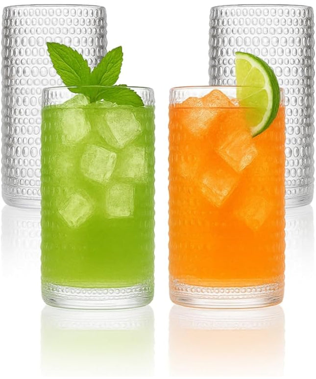 LEMONSODA Hobnail Highball Glasses Set of 4 – Vintage Clear Drinking Glass Cups 15oz – Textured Tall Retro Glassware Tumblers for Water, Iced Coffee, Cocktails, Soda, Juice (Highball 15oz, Set of 4)