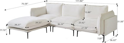 WJShome Velvet Modular Sectional Sofa with Chaise,111" Modern L-Shaped Couch for Living Room, 3-Seater Sofa with Ottomans with Removable Cushions and 8" High Metal Legs, Easy to Clean, Beige