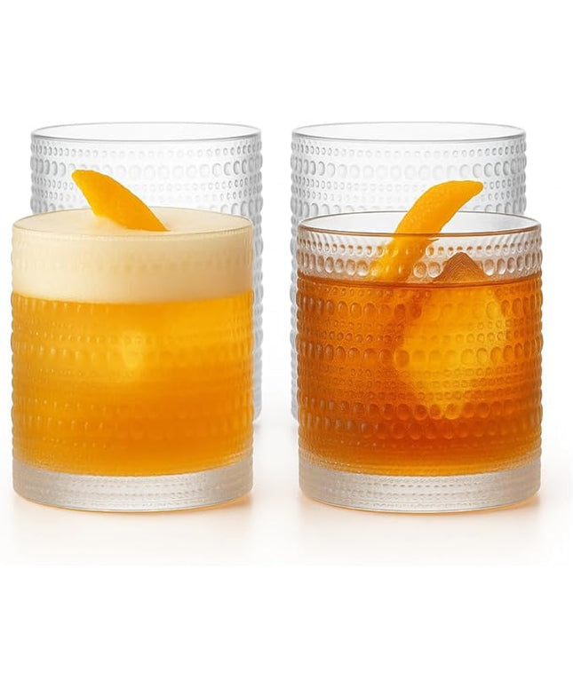 LEMONSODA Hobnail Drinking Glasses Set of 4 – Vintage Clear Lowball Glass Cups 10oz – Textured Barware Aesthetic Retro Glassware Tumblers for Water, Cocktails, Whiskey, Juice (Lowball 10oz, Set of 4)