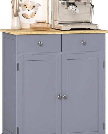 HOMCOM Sideboard with Solid Wood Countertop, Modern Kitchen Storage Cabinet, Coffee Bar Cabinet with 2 Drawers, Doors and Adjustable Shelf, Gray