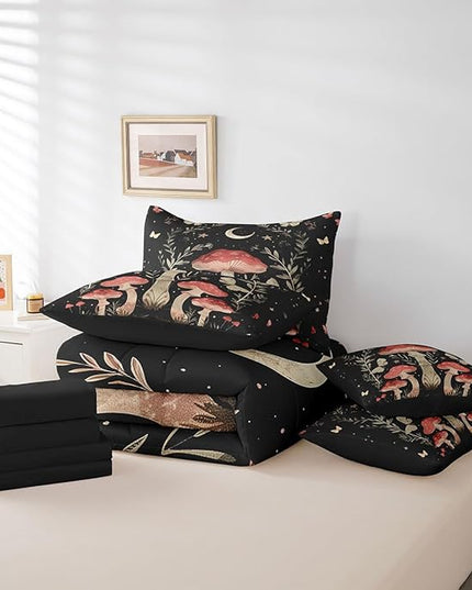 Feelyou Mushroom 7 Piece Bedding Set King Size Wild Fungus Comforter Set with Sheets for Kids Adult Botanical Plants Bed in a Bag Butterfly Bed Set