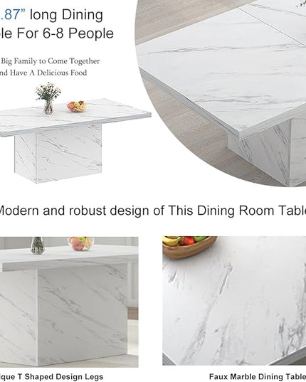 HSH 71” White Faux Marble Dining Table, Rectangle Modern Dinner Kitchen Table for 6-8, Farmhouse Long Kitchen Furniture for Living Room, Industrial Wood Dining Room Table with Sturdy Base