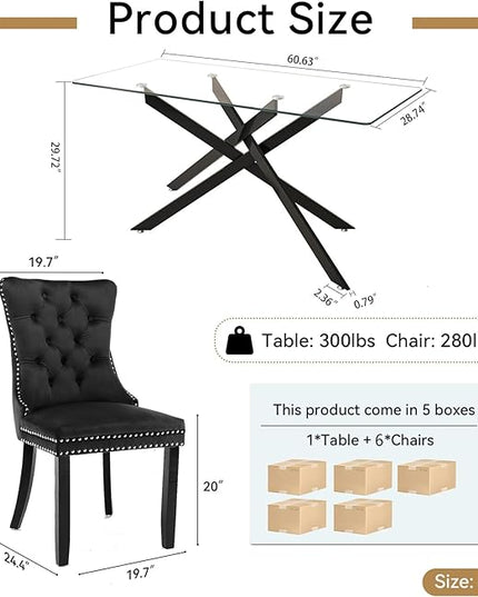 Modern 7-Piece Glass Dining Table Set for 6, Modern 60" Rectangle Black Glass Dining Room Table Set with Black Velvet Tufted Chairs Wood Legs for Kitchen Dining Room