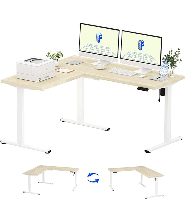 FLEXISPOT L Shaped Standing Desk, 63 x 55 Inch Electric Height Adjustable Corner Desk, Sit Stand Computer Workstation, Preset Controller, Home Office, White Frame with Maple Top