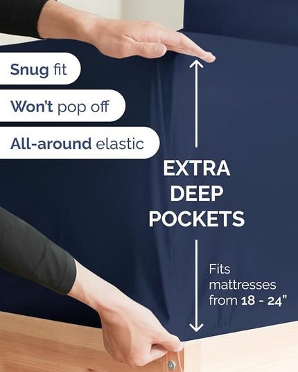 Extra Deep Split King Sheet Set - 7 Piece Breathable and Cooling Sheets - Hotel Luxury Bed Sheets Set - Easy Fit - Soft, Wrinkle Free and Comfy Sheets Set - Navy Blue Sheet Set with Extra Deep Pockets